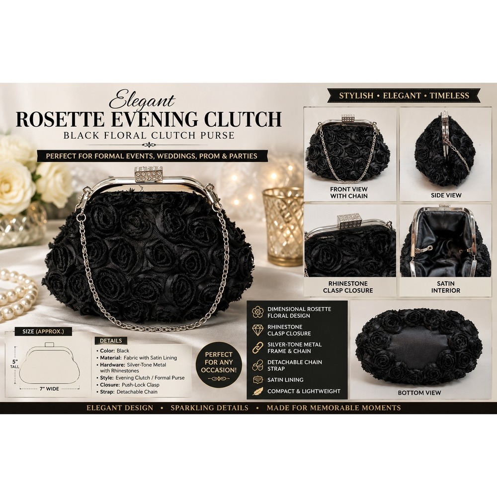 Black Rosette Evening Clutch Purse Floral Rhinestone Wedding Prom Formal Bag